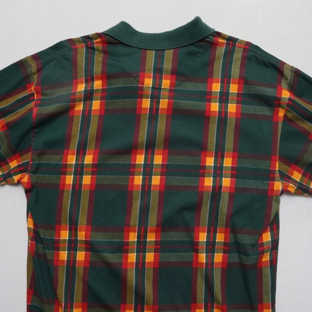 IZOD Plaid Polo Shirt Mens Medium Green Red Yellow Golf Preppy Vintage Style - Picture 12 of 14